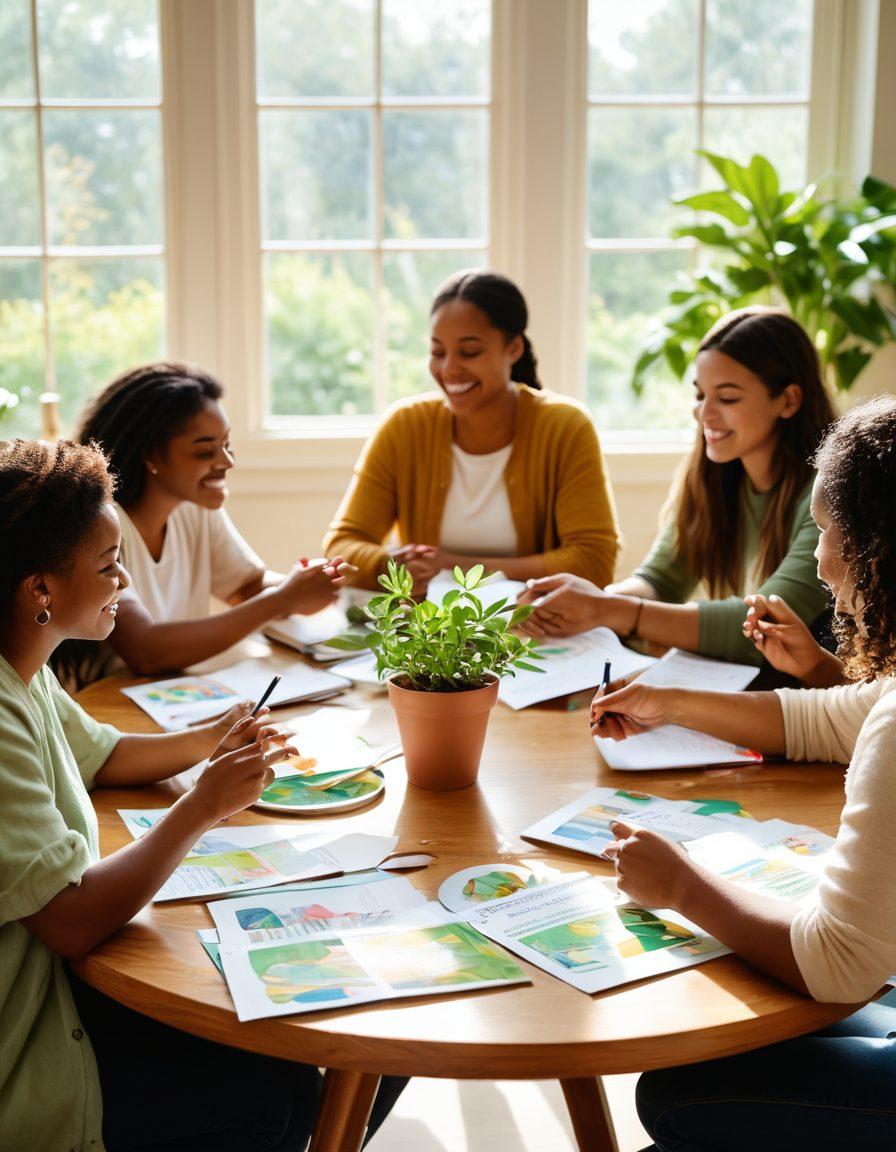 A group of diverse individuals gathered in a cozy, sunlit room, sharing stories and support. Colorful resource pamphlets and advocacy materials are displayed on a round table, symbolizing hope and community. The atmosphere is warm and inviting, showing connections through smiles and hands raised in encouragement. Soft green plants add a touch of tranquility. watercolors. warm tones. soft focus.