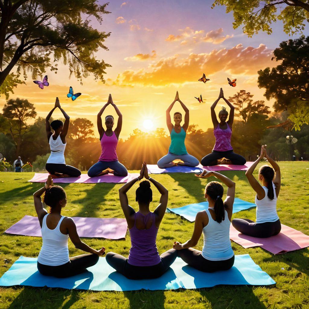 An inspiring scene showcasing a diverse group of survivors engaging in various wellness activities, such as yoga in a sunlit park, cooking healthy meals together, and supporting each other with smiles. Include symbolic elements like butterflies representing transformation and a vibrant sunset in the background to signify hope and new beginnings. super-realistic. vibrant colors. uplifting atmosphere.